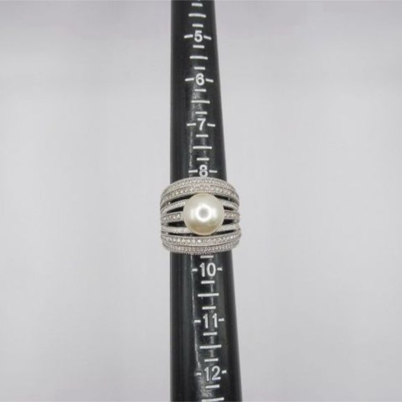 Faux Pearl 7 Tier Band Rhinestone Cocktail Ring signed NVC - Picture 5 of 14